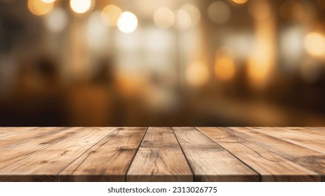 The empty wooden table top with blur background of cafe. Exuberant image.