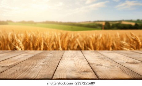 The empty wooden table top with blur background of wheat farm. Exuberant image. - Powered by Shutterstock