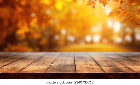 The empty wooden table top with blur background of autumn. Exuberant image. - Shutterstock ID 2340735717