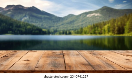 The empty wooden table top with blur background of summer lakes mountain. Exuberant image.