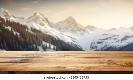 The empty wooden table top with blur background of Alpine with snow capped. Exuberant image. - Powered by Shutterstock