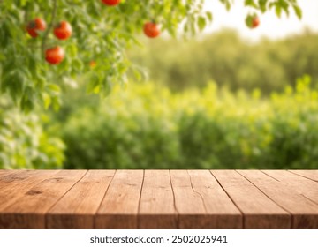 The empty wooden table top with blur background of tomato tree - Powered by Shutterstock