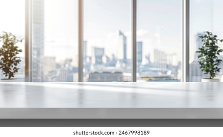 Empty wooden table top in front of a blurred background, showcasing a stylish office meeting area, ideal for business advertising presentations. - Powered by Shutterstock