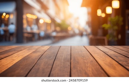 Empty wooden table top with lights bokeh on blur restaurant background. wooden table for product placement or montage with focus table top, outdoors bokeh background. Close up of wooden table in cafe - Powered by Shutterstock