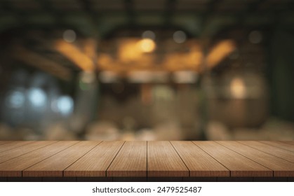 	
Empty wooden table top with lights bokeh on blur restaurant background.