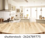 Empty wooden table top in modern kitchen