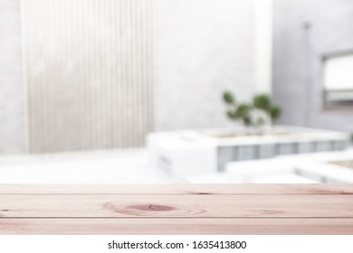 The empty wooden table top on an interior background - Shutterstock ID 1635413800