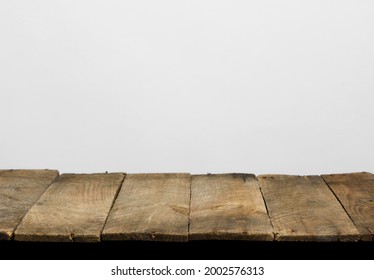 Empty Wooden Table Top From Rustic Old Wood Planks, Neutral Gray Background.