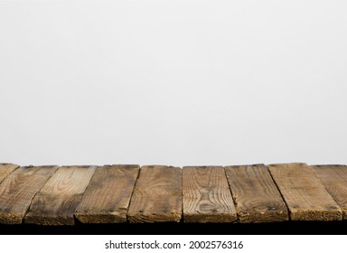 Empty Wooden Table Top From Rustic Old Wood Planks, Neutral Gray Background.