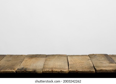 Empty Wooden Table Top From Rustic Old Wood Planks, Neutral Gray Background.