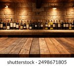 The empty wooden table top with super blur background of wine cellar. Exuberant image