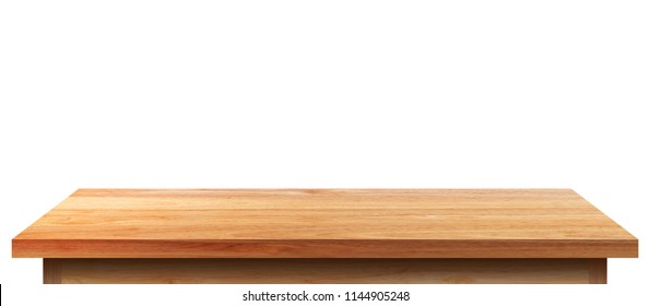 Empty wooden tabletop isolated on white background. For your product placement or montage with focus to the table top in the foreground. Empty pine wooden shelf. shelves