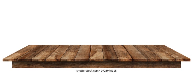 Empty wooden tabletop isolated on white background. For your product placement or montage with focus to the table top in the foreground. Empty rustic wooden shelf. Object with clipping path