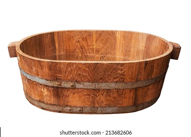 Empty Wooden Tub Isolated On White Background With Path.