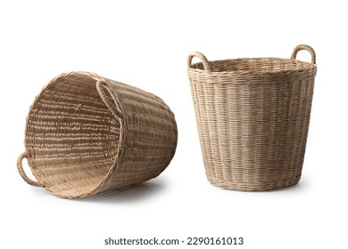 Empty wooden wicker basket on white background