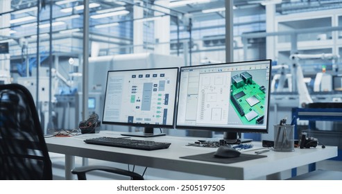 Empty Workplace With Computer Monitor Display with 3D CAD Software Interface with Digital Electronic Diagram of a Circuit Motherboard Being Designed. Modern Factory Engineer's Office Concept. - Powered by Shutterstock - Get 15% off with code: PIKWIZARD15