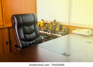 Empty Workplace In Office, Office For Boss With Sun Illumination Chair For Boss