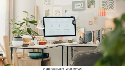 Empty, workspace and a computer in a home office for remote work, business or design of desk. Working, creative and a table with a pc and setup for a freelance career or entrepreneurship from a house - Powered by Shutterstock