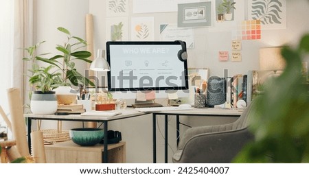 Empty, workspace and a computer in a home office for remote work, business or design of desk. Working, creative and a table with a pc and setup for a freelance career or entrepreneurship from a house