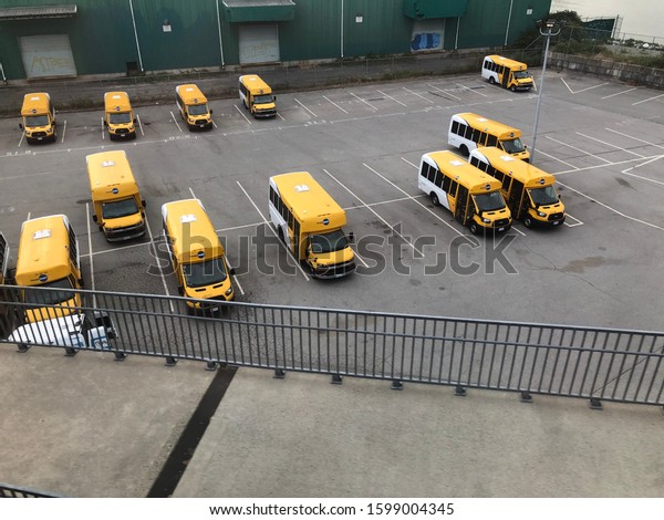 Empty\
yellow buses on the parking. Parking space. Transportation. - 2\
July 2019, Vancouver, British Columbia,\
Canada