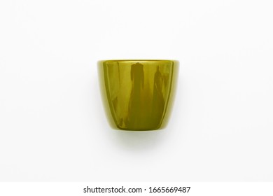 Empty Yellow Flower Pot Mock-up. Closeup Isolated On White Background. Design Template For Branding.High Resolution Photo.Top View