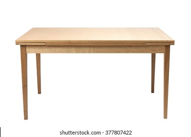 The empty(blank, vacant, hollow) wood(birch, ply) table(desk) with no food, no people isolated white at the studio.
