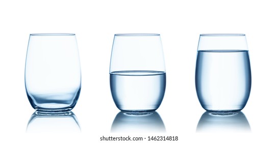 Empty,half And Full Water Glasses . Isolated On White