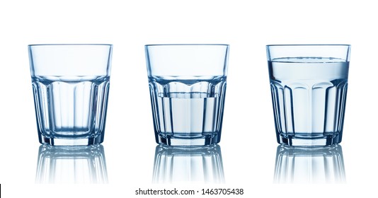 Empty,half And Full Water Glasses . Isolated On White