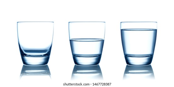 Empty,half And Full Water Glasses . Isolated On White