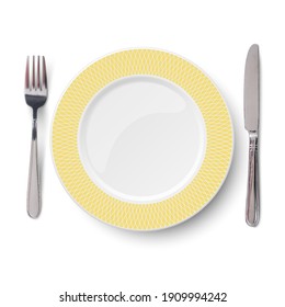 Emptyyellow plate with geometric white pattern and knife and fork isolated on white background. View from above. - Shutterstock ID 1909994242