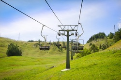 Emtpy Chairlift In Ski Resort. Shot In Summer With Green Grass And No Snow