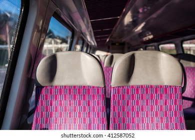 Emtpy interior of the train for long and short distance in Europe. salon of high speed train at a railway station