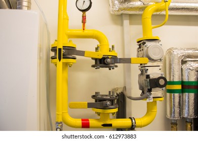 Emty Space Among The Yellow Gas Pipes For Natural Gas Meter Installation