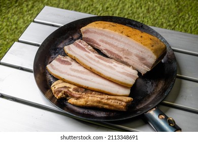 Enamel Frying Pan And Thick Bacon