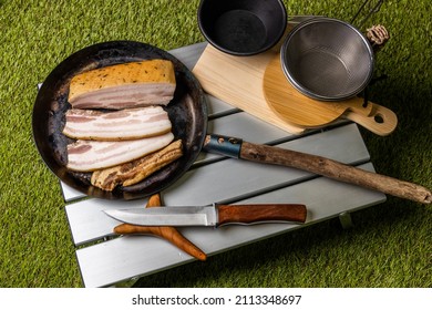 Enamel Frying Pan And Thick Bacon