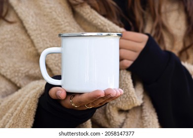Enamel White Mug with Gray Borderline Mock-up. Girl in camping clothes holding white old tin campfire cup. Camping mug mock up. - Shutterstock ID 2058147377