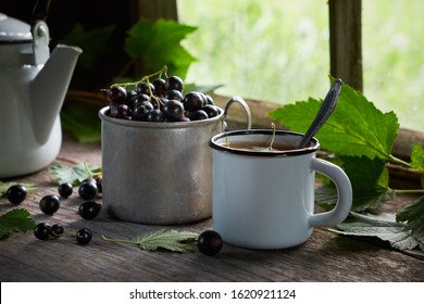 Enameled cup of healthy tea with black currant berries and leaves, mug of black currants, tea kettle on wooden table.