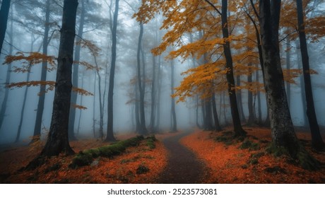 The Enchanted Autumn Trail is a serene, winding path through a forest ablaze with vibrant fall colors. Golden leaves carpet the ground, while trees in shades of amber, crimson, and russet create a can - Powered by Shutterstock