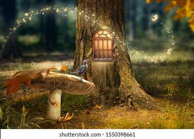 Enchanted fairy forest with magical shining window in hollow tree, large mushroom with bird and flying magic butterfly leaving path with luminous sparkles