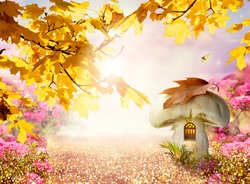 Enchanted Fairy Tale Forest With Magical Window In Fantasy Large Mushroom Gnome House, Autumn Maple Tree, Rose Flower Garden, Flying Magic Butterfly, Road Path With Luminous Solar Reflection Sparkles