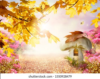 Enchanted fairy tale forest with magical window in fantasy large mushroom gnome house, autumn maple tree, rose flower garden, flying magic butterfly, road path with luminous solar reflection sparkles