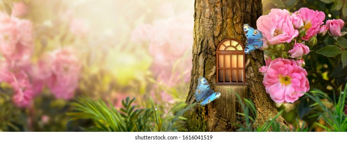 Enchanted fairy tale forest with magical shining window in hollow of fantasy pine tree elf house, blooming fabulous giant pink rose flower garden, flying magic blue peacock eye butterfly, copy space