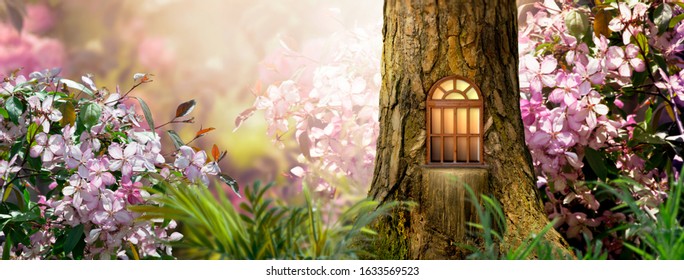 Enchanted fairy tale forest with magical shining window in hollow of fantasy pine tree elf house, blooming fabulous giant pink sakura cherry flower garden, building in wood in fairytale morning light