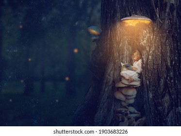 Enchanted forest - little girl sitting under the glowing mushroom, reading her book; Fantasy,  nature, fairy tale; 