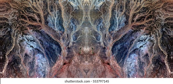 enchanted forest, Tribute to Dalí, abstract symmetrical photograph of the deserts of Africa from the air, aerial view,abstract expressionism,mirror effect, symmetry,kaleidoscopic