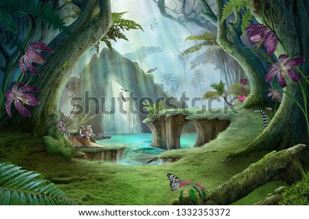 enchanted jungle lake landscape with tiger, can be used as wallpaper background