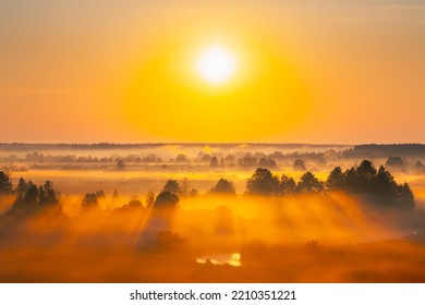 Enchanted Morning Sun Shines On Plain. Sunrise Natural Background. Aerial View Amazing Misty Plain Landscape. Morning Fog Illuminated By Sun Covers Plain Landscape. Mysterious Morning Time. - Powered by Shutterstock