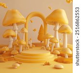 Enchanted Mushroom Forest Podium: A whimsical 3D render of a yellow podium nestled amongst a vibrant forest of mushrooms, bathed in warm, inviting light. Perfect for showcasing autumn or nature-themed