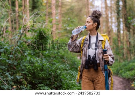 The enchanting autumn forest trail beckons as the curly-haired hiker takes a serene pause to savor a sip of water, finding solace amidst the vibrant foliage.