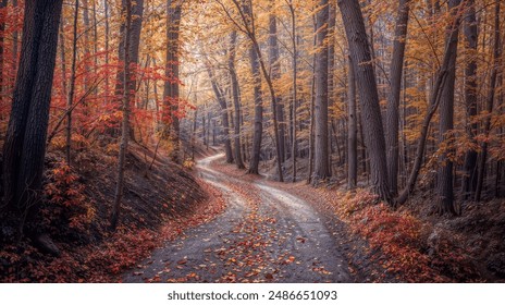 Enchanting Autumn Path Peaceful Forest Walk Amidst Fiery Fall Colors - Powered by Shutterstock